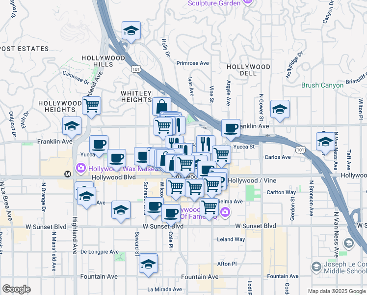 map of restaurants, bars, coffee shops, grocery stores, and more near 6373 Yucca Street in Los Angeles