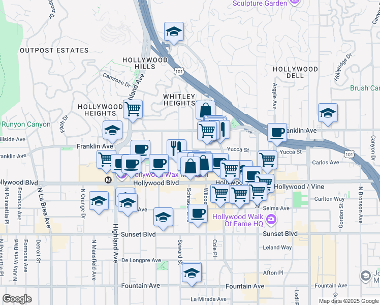 map of restaurants, bars, coffee shops, grocery stores, and more near 1492 Grace Avenue in Los Angeles