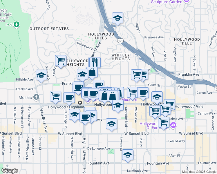 map of restaurants, bars, coffee shops, grocery stores, and more near 1825 North Cherokee Avenue in Los Angeles