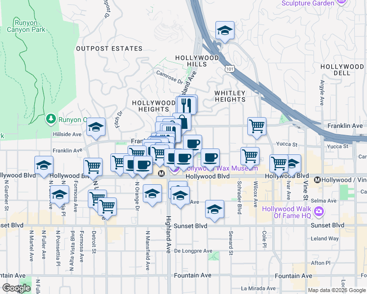 map of restaurants, bars, coffee shops, grocery stores, and more near in Los Angeles