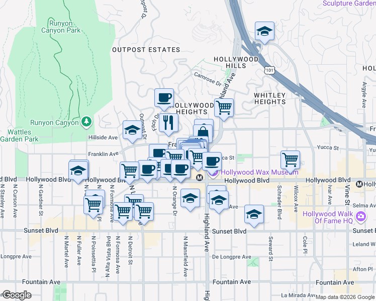 map of restaurants, bars, coffee shops, grocery stores, and more near 6918 Franklin Avenue in Los Angeles