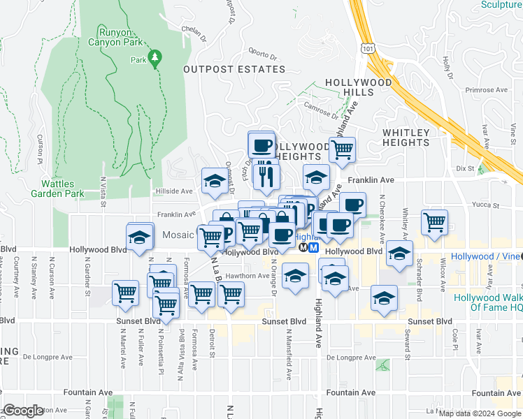 map of restaurants, bars, coffee shops, grocery stores, and more near 7018 Franklin Avenue in Los Angeles