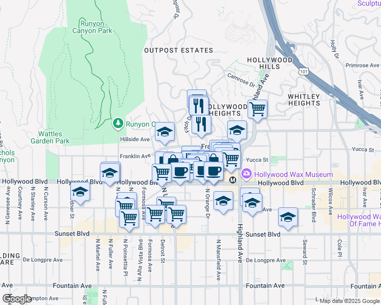 map of restaurants, bars, coffee shops, grocery stores, and more near 7018 Franklin Avenue in Los Angeles