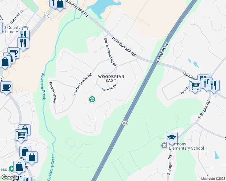 map of restaurants, bars, coffee shops, grocery stores, and more near 2265 Hillbriar Drive in Buford