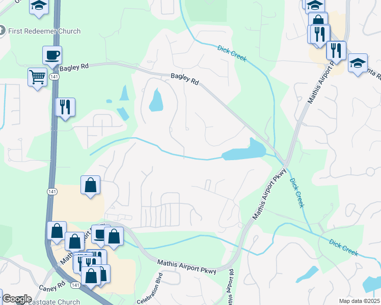 map of restaurants, bars, coffee shops, grocery stores, and more near 2230 Manor Creek Court in Cumming