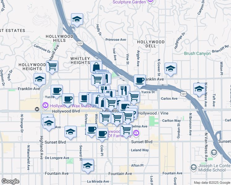 map of restaurants, bars, coffee shops, grocery stores, and more near 6373 Yucca Street in Los Angeles