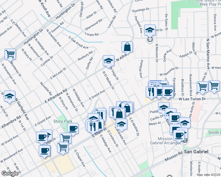 map of restaurants, bars, coffee shops, grocery stores, and more near 408 North Valencia Street in Alhambra