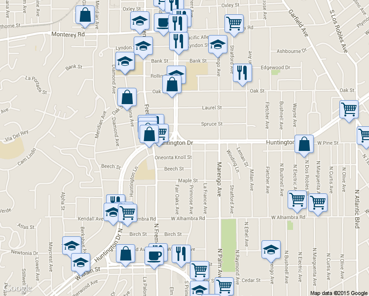 map of restaurants, bars, coffee shops, grocery stores, and more near 1517 Huntington Drive in South Pasadena