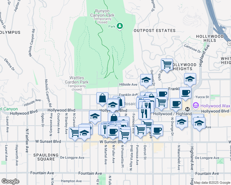 map of restaurants, bars, coffee shops, grocery stores, and more near 7309 Franklin Avenue in Los Angeles