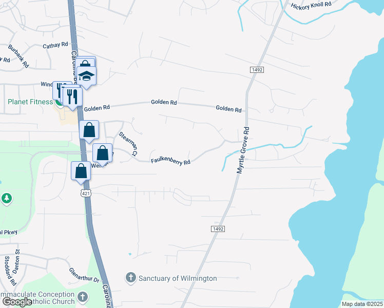 map of restaurants, bars, coffee shops, grocery stores, and more near 7105 Kinsella Court in Wilmington