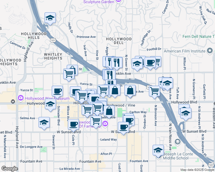 map of restaurants, bars, coffee shops, grocery stores, and more near Yucca St & Argyle Ave in Los Angeles