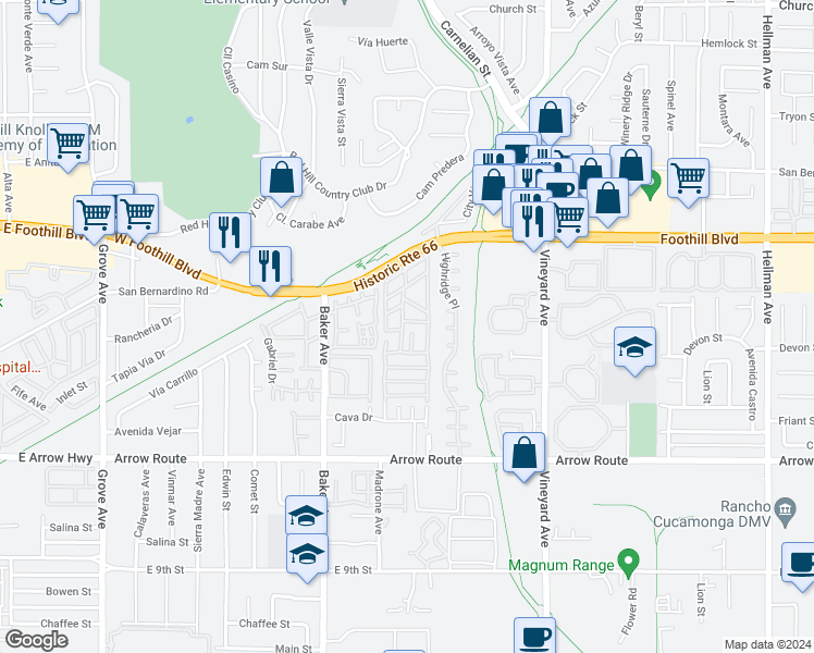map of restaurants, bars, coffee shops, grocery stores, and more near 8651 Foothill Boulevard in Rancho Cucamonga