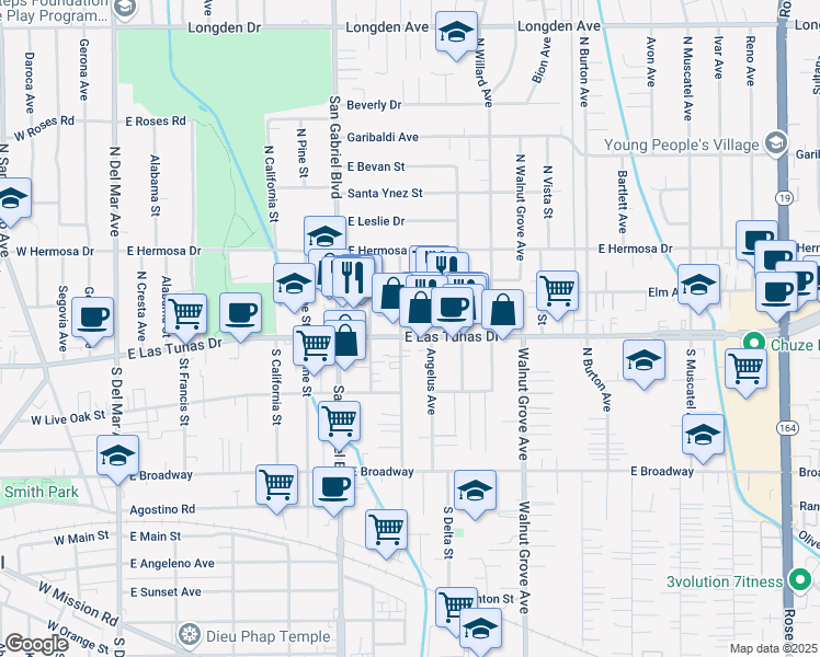 map of restaurants, bars, coffee shops, grocery stores, and more near 927 East Las Tunas Drive in San Gabriel