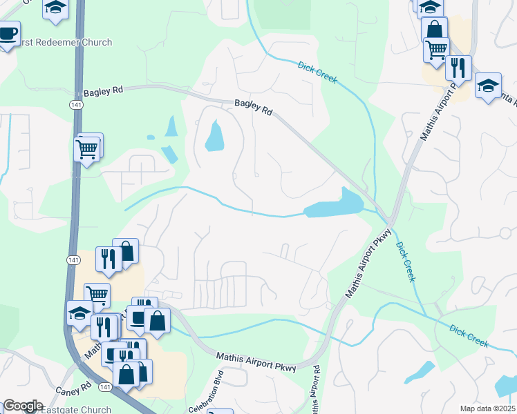 map of restaurants, bars, coffee shops, grocery stores, and more near 2230 Manor Creek Court in Cumming