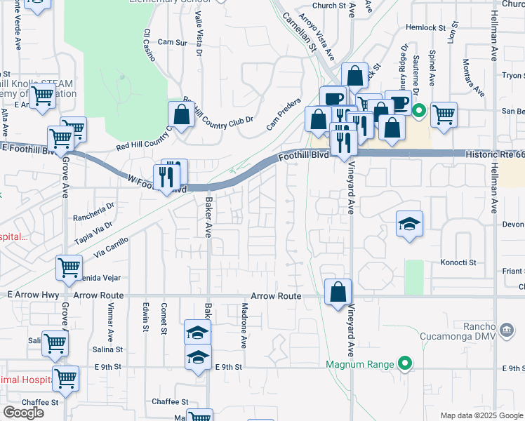 map of restaurants, bars, coffee shops, grocery stores, and more near 8651 Foothill Boulevard in Rancho Cucamonga