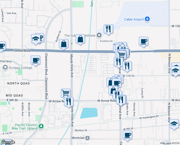map of restaurants, bars, coffee shops, grocery stores, and more near 839 Cranberry Way in Upland