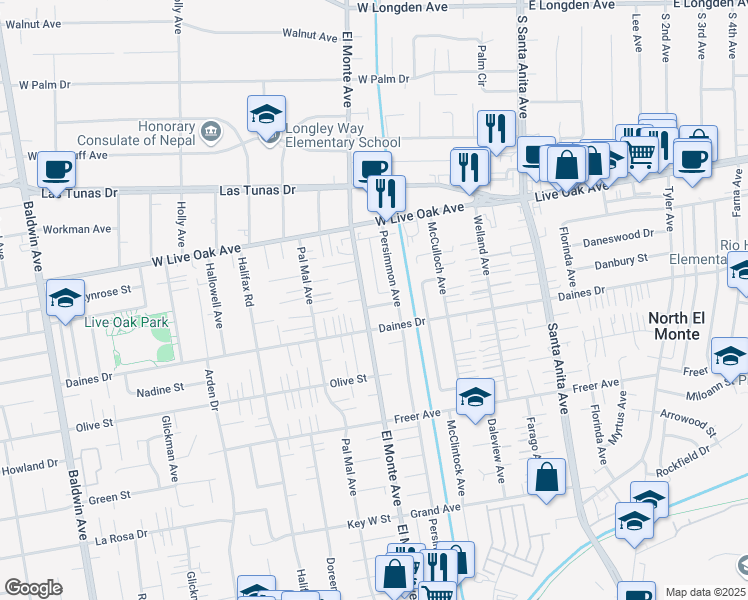 map of restaurants, bars, coffee shops, grocery stores, and more near 10709 Danbury Street in Temple City