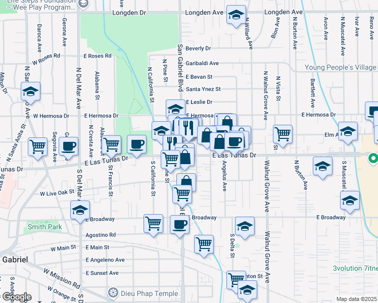 map of restaurants, bars, coffee shops, grocery stores, and more near 102 North San Gabriel Boulevard in San Gabriel
