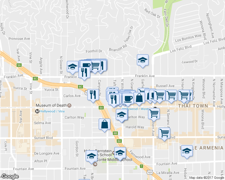 map of restaurants, bars, coffee shops, grocery stores, and more near 1807 Taft Avenue in Los Angeles