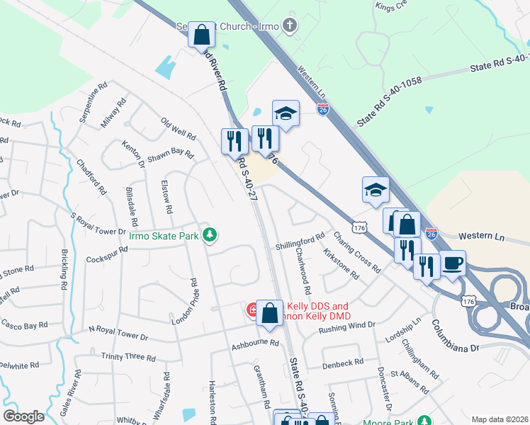 map of restaurants, bars, coffee shops, grocery stores, and more near 118 Boulters Lock Road in Irmo