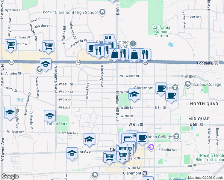 map of restaurants, bars, coffee shops, grocery stores, and more near 425 West 10th Street in Claremont