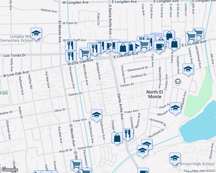 map of restaurants, bars, coffee shops, grocery stores, and more near 10927 Daines Drive in Temple City