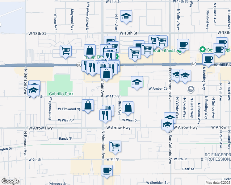 map of restaurants, bars, coffee shops, grocery stores, and more near 820 North Mountain Avenue in Upland