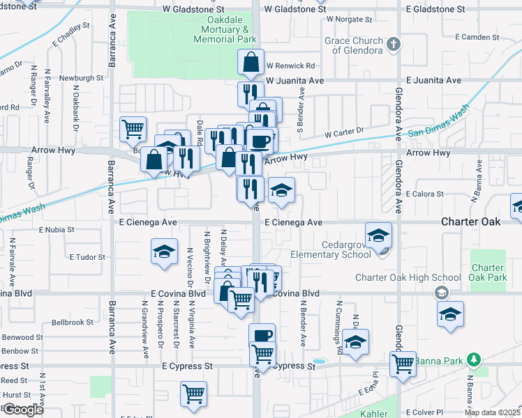 map of restaurants, bars, coffee shops, grocery stores, and more near 5020 North Grand Avenue in Covina