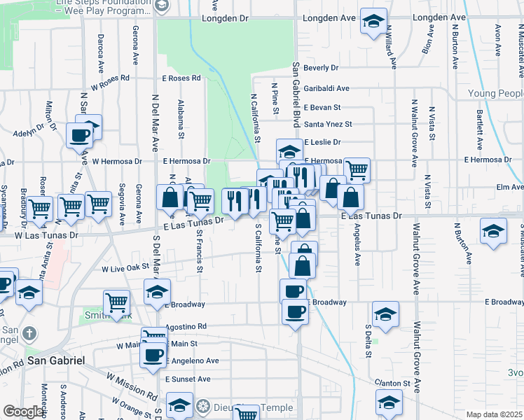 map of restaurants, bars, coffee shops, grocery stores, and more near 601 East Las Tunas Drive in San Gabriel