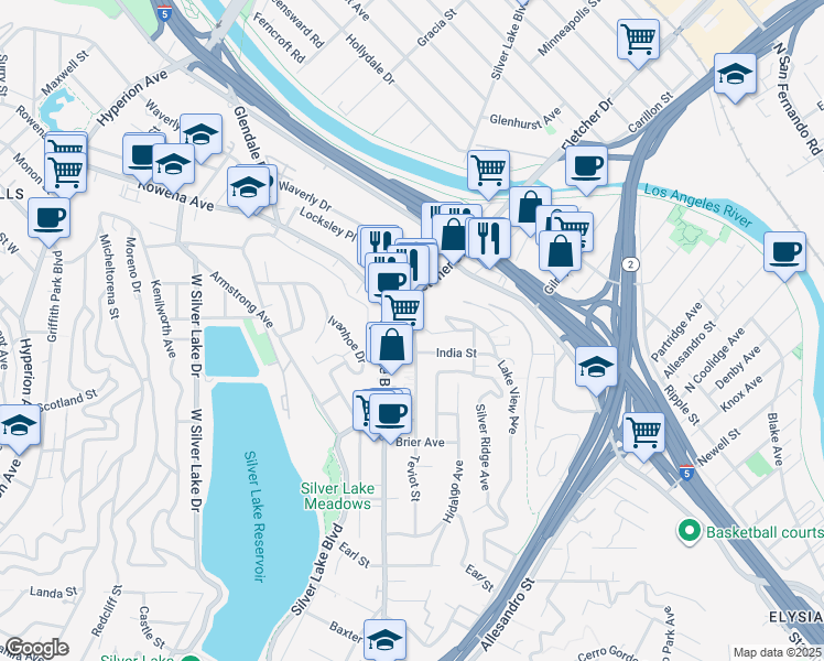 map of restaurants, bars, coffee shops, grocery stores, and more near 2601 Silver Lake Boulevard in Los Angeles