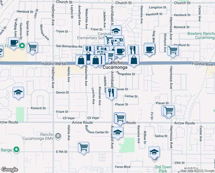 map of restaurants, bars, coffee shops, grocery stores, and more near 8257 Jadeite Avenue in Rancho Cucamonga