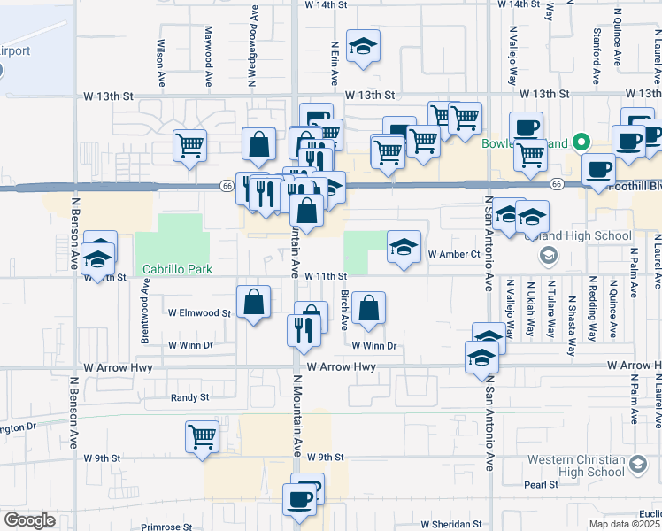 map of restaurants, bars, coffee shops, grocery stores, and more near 820 North Mountain Avenue in Upland