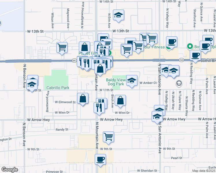 map of restaurants, bars, coffee shops, grocery stores, and more near 820 North Mountain Avenue in Upland