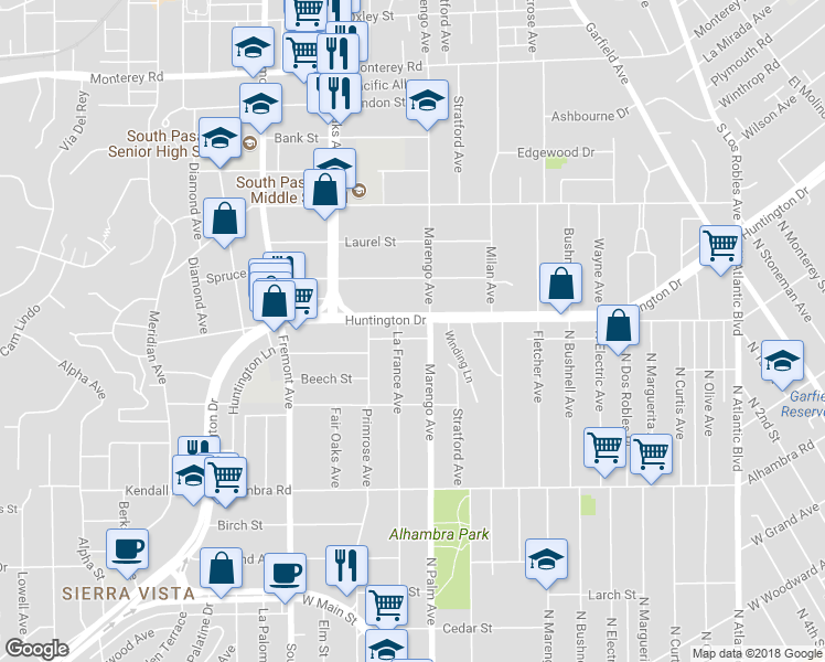 map of restaurants, bars, coffee shops, grocery stores, and more near 1637 Huntington Dr in South Pasadena