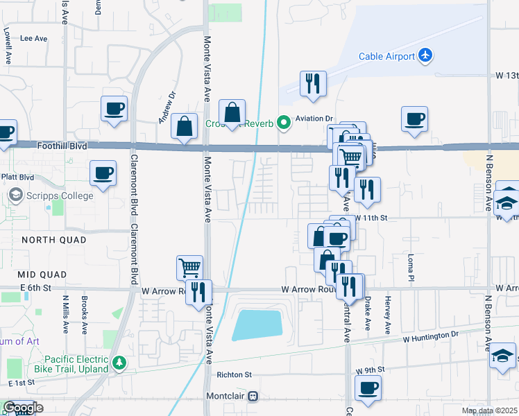 map of restaurants, bars, coffee shops, grocery stores, and more near 839 Cranberry Way in Upland