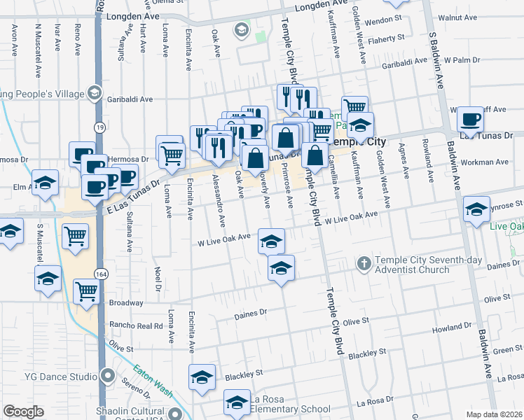 map of restaurants, bars, coffee shops, grocery stores, and more near 5745 Cloverly Avenue in Temple City