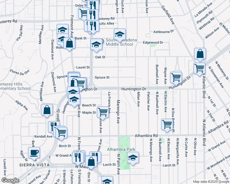 map of restaurants, bars, coffee shops, grocery stores, and more near 1637 Huntington Drive in South Pasadena