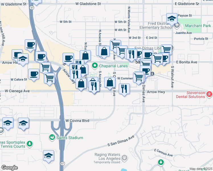 map of restaurants, bars, coffee shops, grocery stores, and more near 327 West Nubia Street in San Dimas