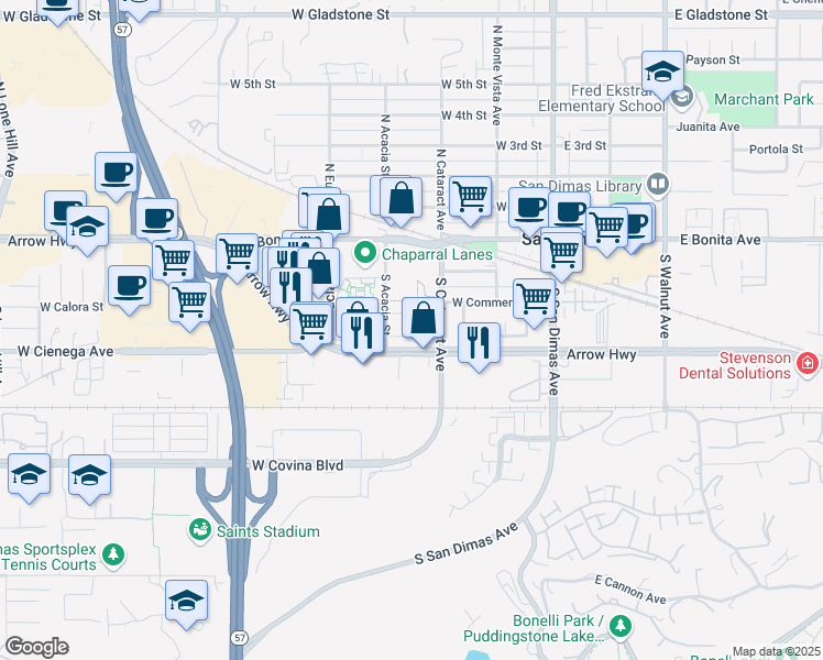 map of restaurants, bars, coffee shops, grocery stores, and more near 327 West Nubia Street in San Dimas