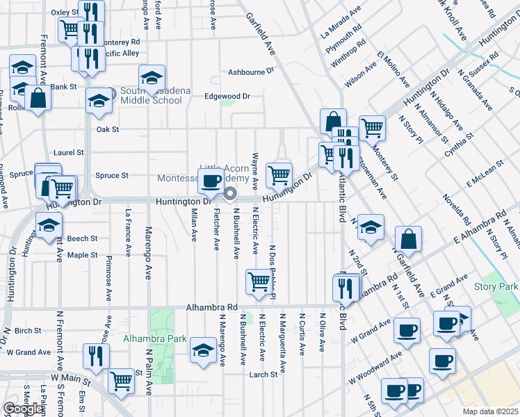 map of restaurants, bars, coffee shops, grocery stores, and more near 1512 Huntington Drive in Alhambra