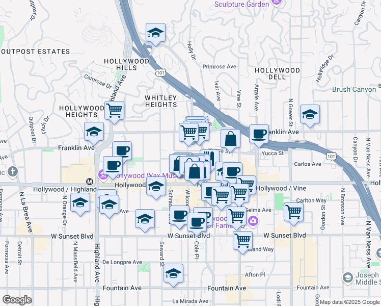 map of restaurants, bars, coffee shops, grocery stores, and more near 6434 Yucca Street in Los Angeles