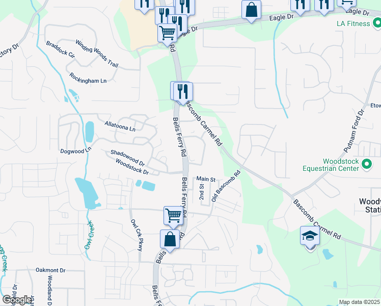 map of restaurants, bars, coffee shops, grocery stores, and more near 6352 Bells Ferry Road in Acworth