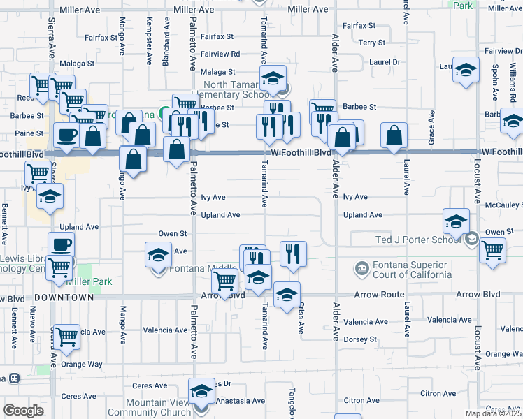 map of restaurants, bars, coffee shops, grocery stores, and more near 8262 Tamarind Avenue in Fontana