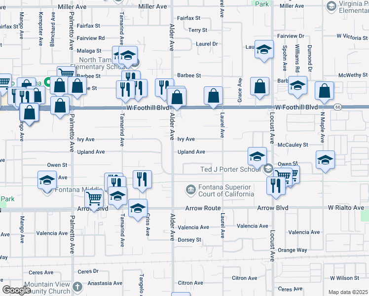 map of restaurants, bars, coffee shops, grocery stores, and more near 17754 Upland Avenue in Fontana