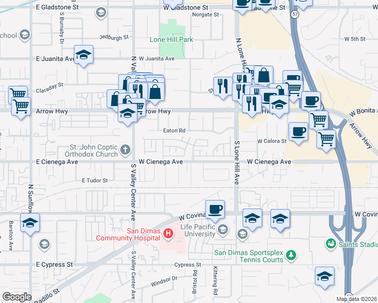 map of restaurants, bars, coffee shops, grocery stores, and more near 1245 West Cienega Avenue in San Dimas