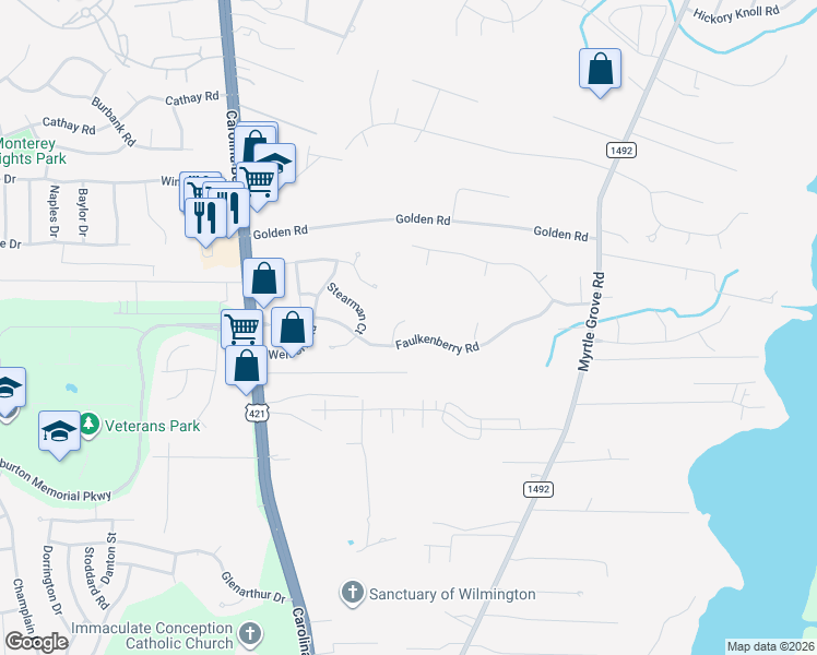 map of restaurants, bars, coffee shops, grocery stores, and more near 6303 Iverstone Court in Wilmington