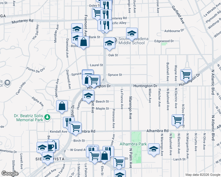map of restaurants, bars, coffee shops, grocery stores, and more near 1519 Huntington Drive in South Pasadena