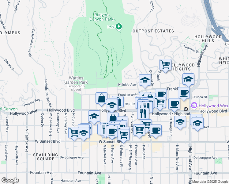 map of restaurants, bars, coffee shops, grocery stores, and more near 7309 Franklin Avenue in Los Angeles