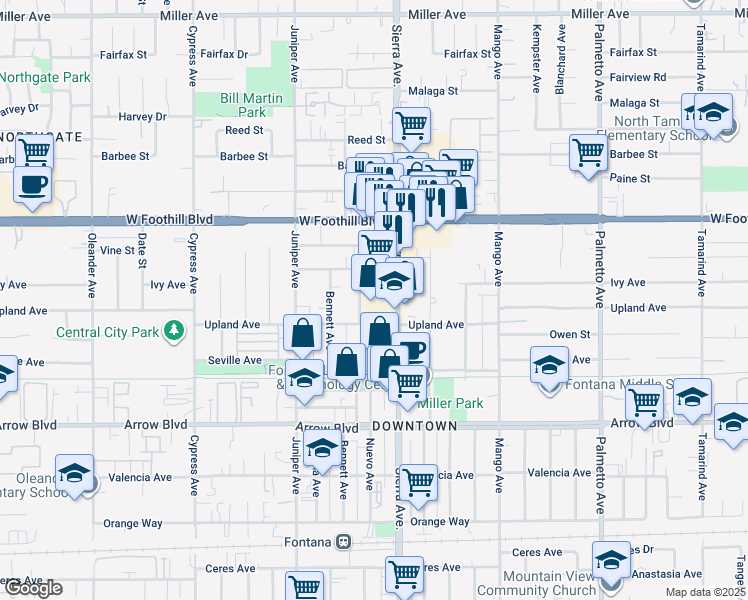 map of restaurants, bars, coffee shops, grocery stores, and more near 8266 Sierra Avenue in Fontana