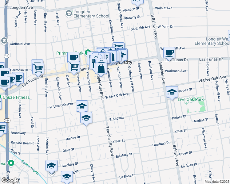 map of restaurants, bars, coffee shops, grocery stores, and more near 5727 Camellia Avenue in Temple City